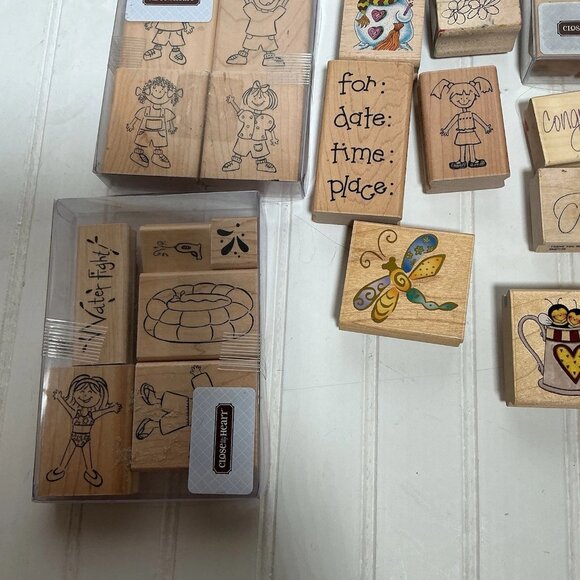 Lot of 59 Wooden Rubber Stamps Various Themes Beach, Floral, Sports, kids, words - Picture 3 of 10